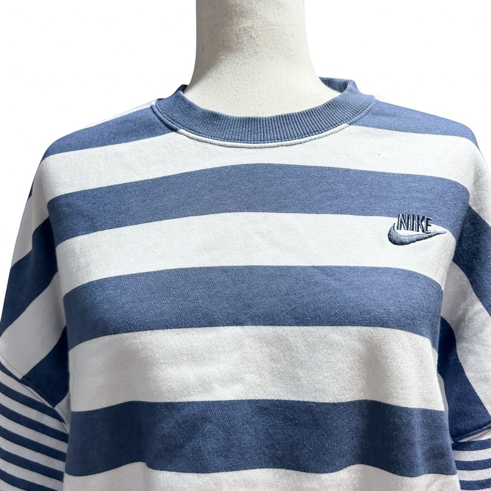 Nike Large Women's Phoenix Fleece Oversized Blue Striped Crew Boxy Preppy - Picture 13 of 14